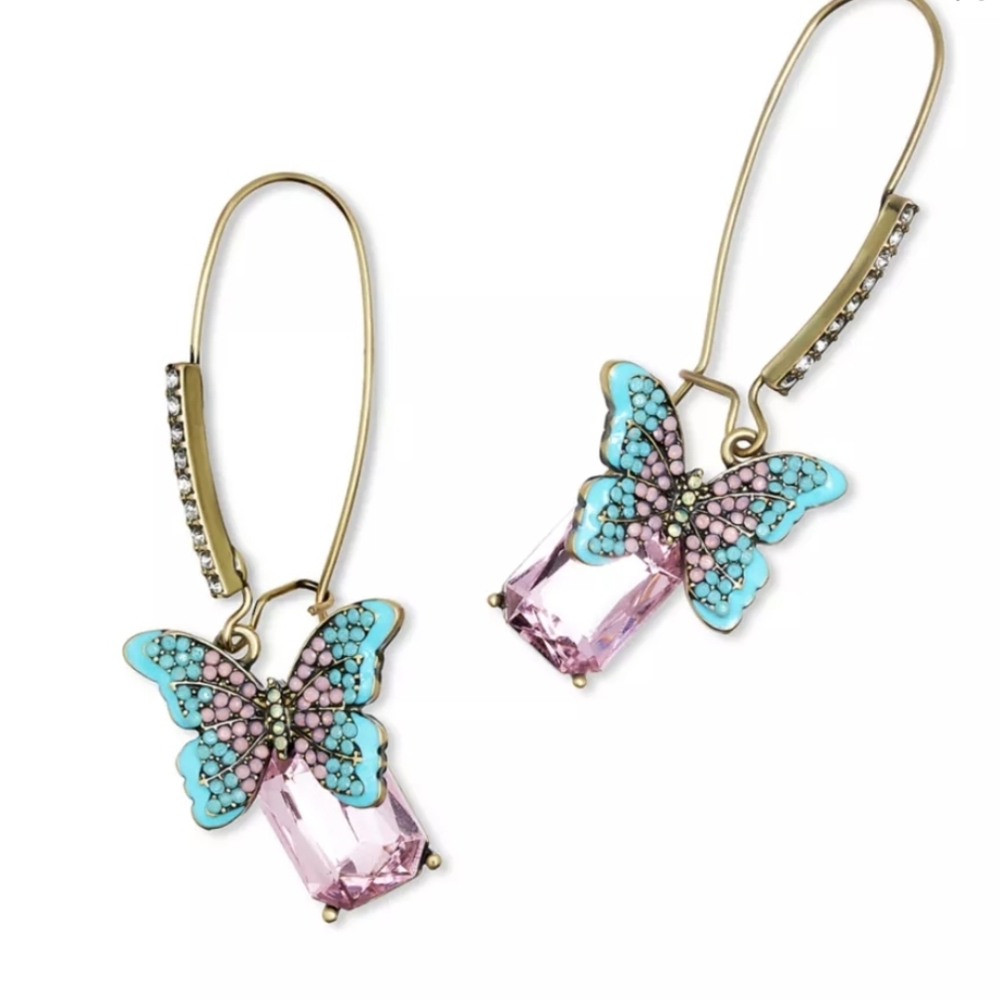 Betsey Johnson Butterfly Dangle Earrings with Pink and Blue Accents
